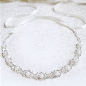 Pearl Crystal Bridal Handmade Headband Wedding Hair Accessory Satin Ribbon Tie